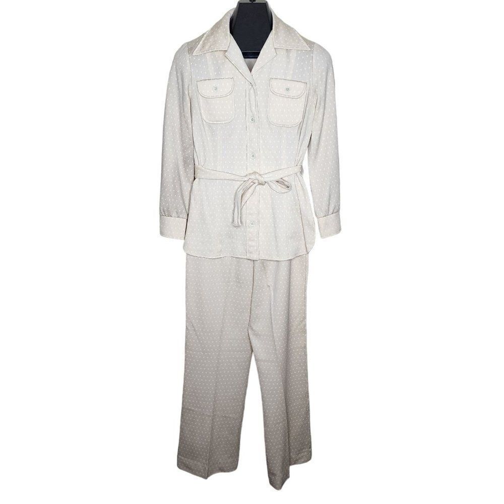 Vintage 70s Leisure Suit Jacket Pants Womens M Beige Polka Dot Double Knit Polye